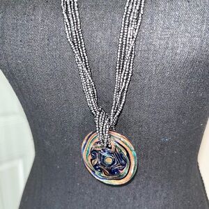 N256 Ralph Lauren Murano Glass Pendant 2” on Multistrand Beaded Necklace 32”